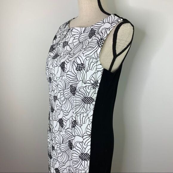 Rickie Freeman for Teri Jon B/W Embroidered Faux Leather Sheath Dress 10 - Picture 3 of 13